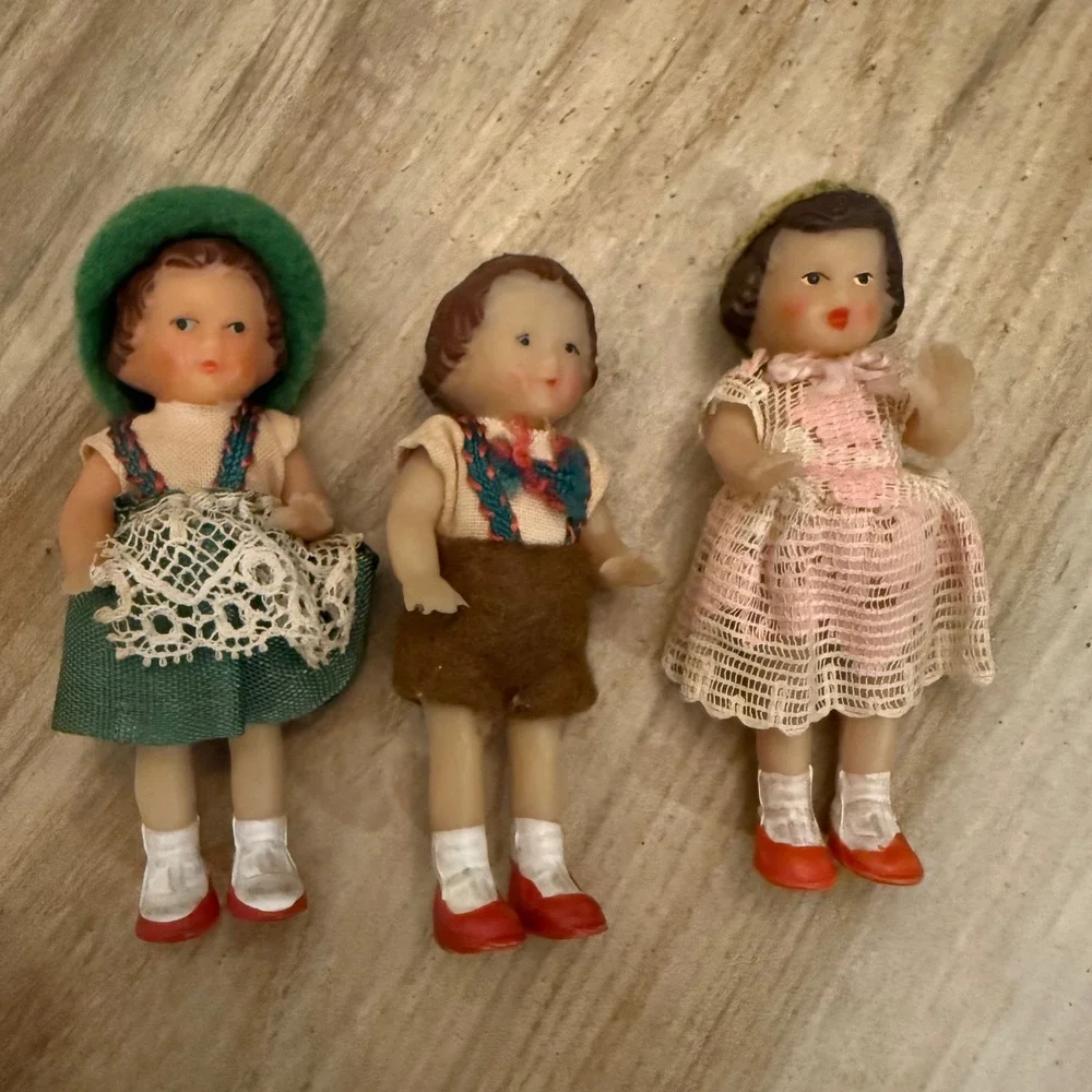 Vintage German ARI Miniature Rubber Dollhouse Dolls Lot 3 Boy Girl Folk Clothes